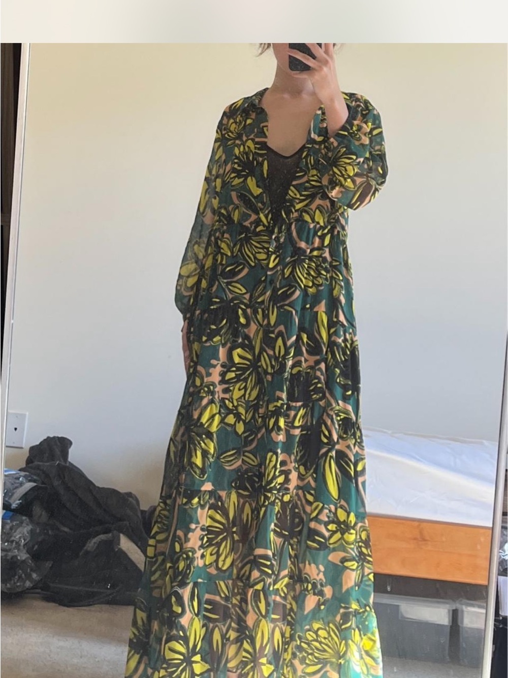 Zara can Green Floral Button-Front Midi Dress - Picture 3 of 4